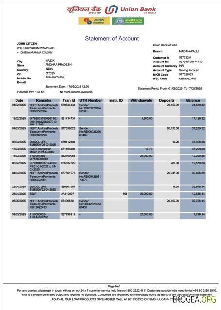 Modèle Word et PDF de relevé de compte India Union Bank, version 2